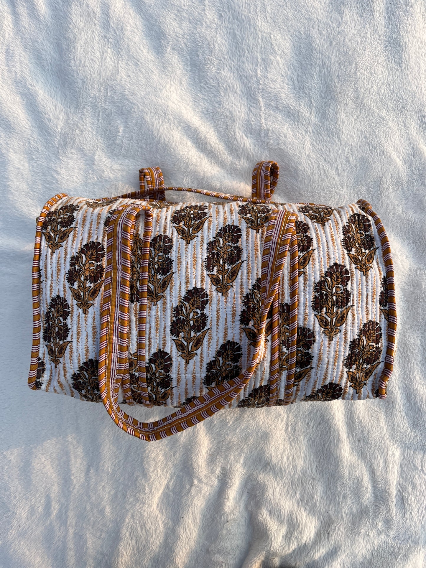 Brown-Orange Floral Print Quilted Cotton Duffle Bag – Lightweight Travel Weekender