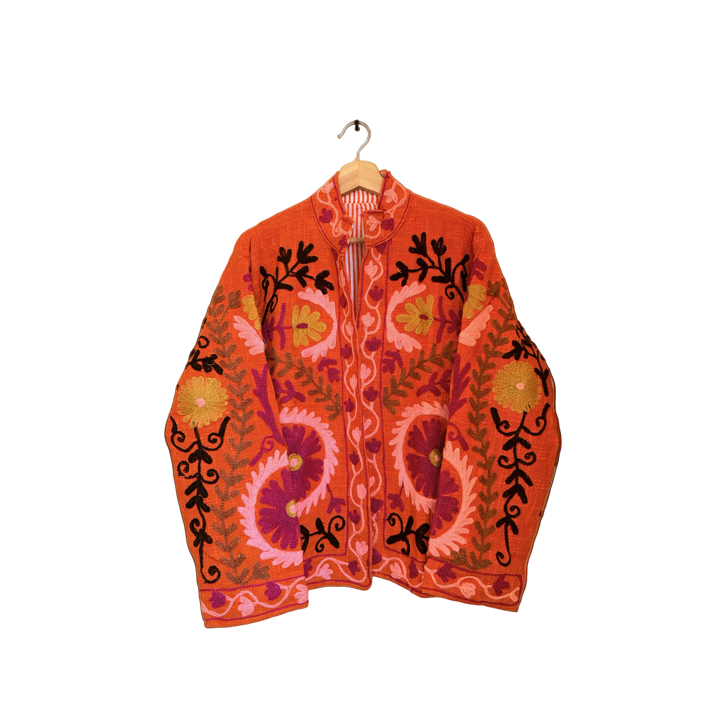 Women’s Amber Bloom Orange Suzani Reversible Cotton Jacket – Artistic Embroidered Statement Jacket
