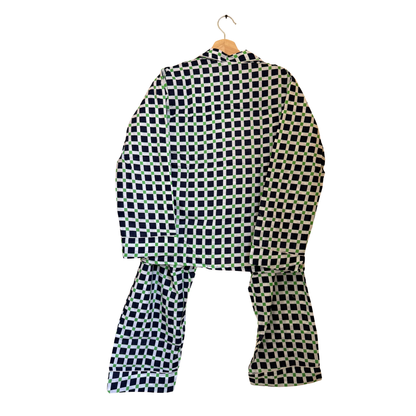 Women’s Blue & Green Square Print Cotton Night Suit Set – Elegant Two Piece Pajama Set