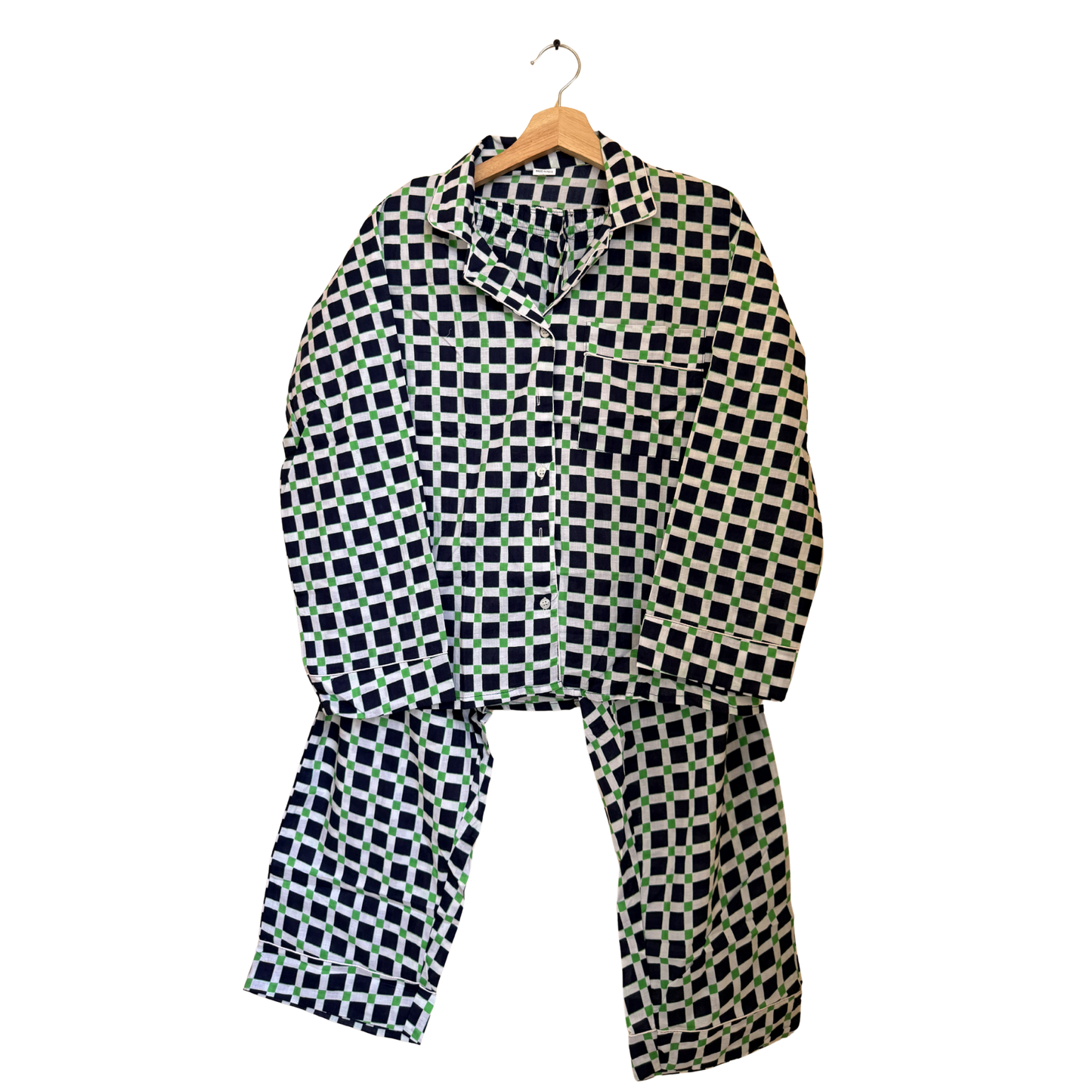 Women’s Blue & Green Square Print Cotton Night Suit Set – Elegant Two Piece Pajama Set