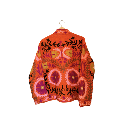 Women’s Amber Bloom Orange Suzani Reversible Cotton Jacket – Artistic Embroidered Statement Jacket