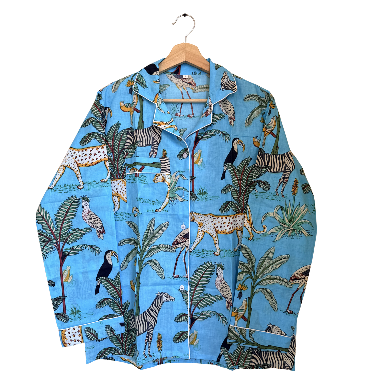 Women's Sky Blue Safari Print Cotton Night Suit Set – Elegant Two Piece Pajama Set