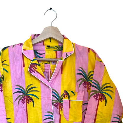 Women’s Yellow Pink Palm Breeze Stripes Cotton Night Suit Set – Cute Two Piece Pajama Set