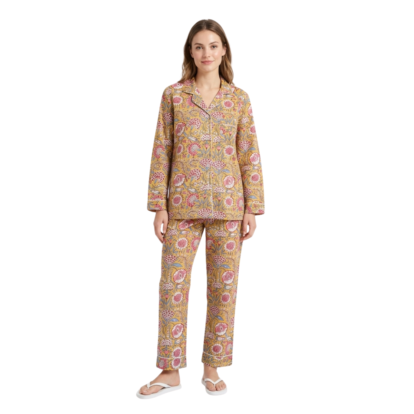 Women’s Yellow Marigold Dreams Print Cotton Night Suit Set - Elegant Two Piece Pajama Set