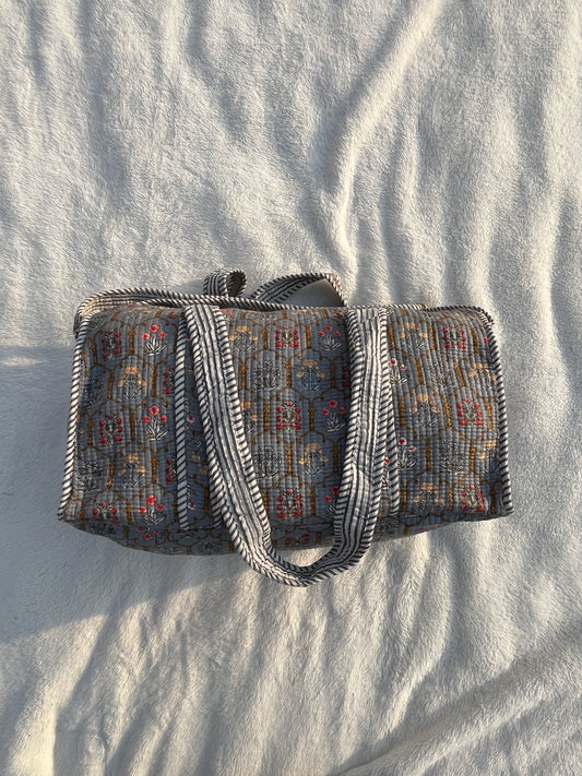 Grey Floral Print Quilted Cotton Duffle Bag – Lightweight Travel Weekender