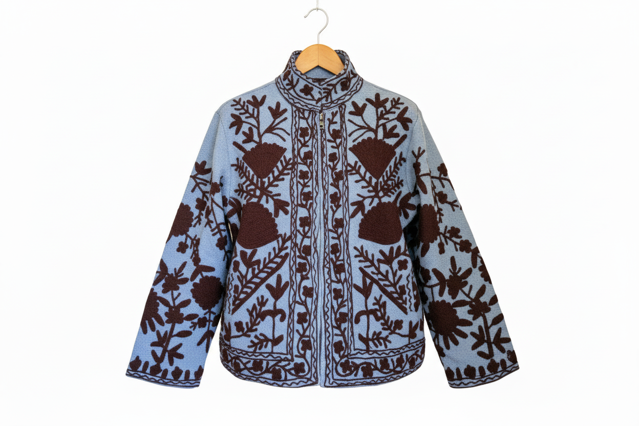 Women’s Ocean Petal Blue Suzani Reversible Cotton Jacket – Artistic Embroidered Statement Jacket
