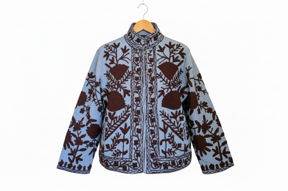 Women’s Ocean Petal Blue Suzani Reversible Cotton Jacket – Artistic Embroidered Statement Jacket