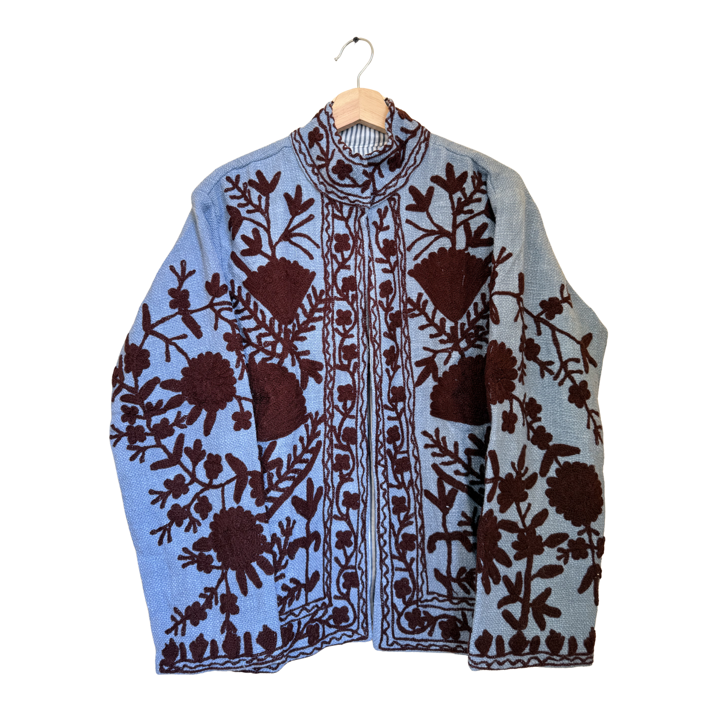Women’s Ocean Petal Blue Suzani Reversible Cotton Jacket – Artistic Embroidered Statement Jacket