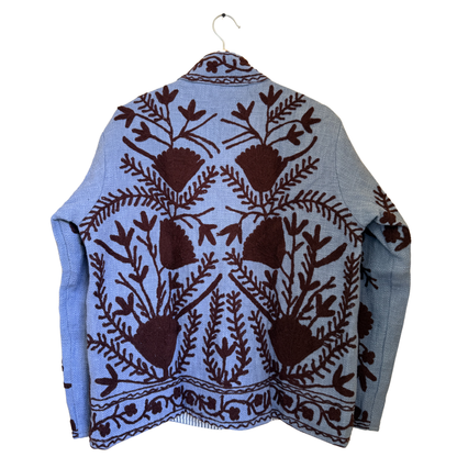 Women’s Ocean Petal Blue Suzani Reversible Cotton Jacket – Artistic Embroidered Statement Jacket