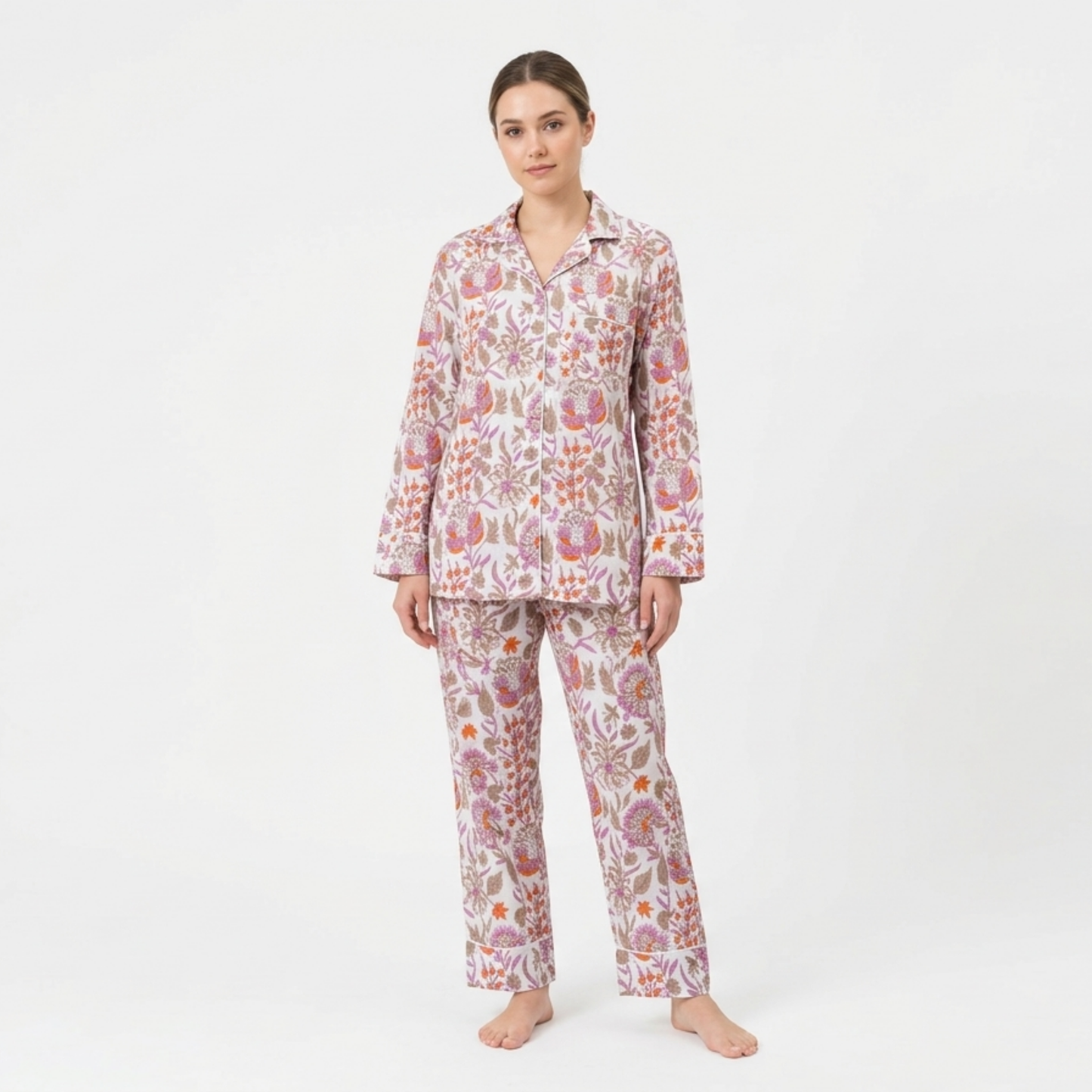 Women’s White Floral Blossom Cotton Night Suit Set – Elegant Two Piece Pajama Set