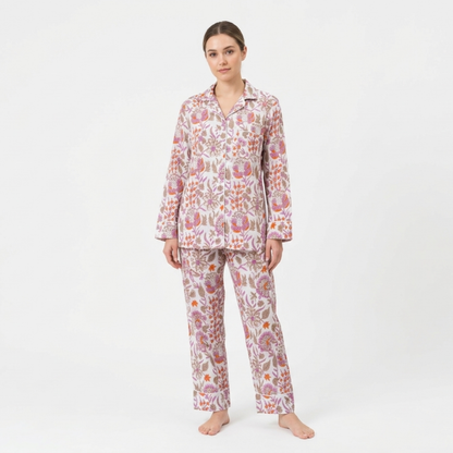 Women’s White Floral Blossom Cotton Night Suit Set – Elegant Two Piece Pajama Set
