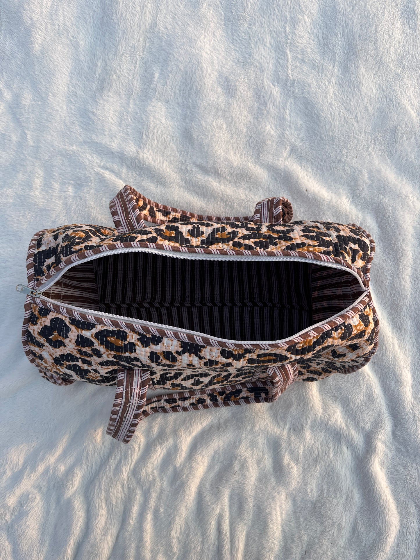 Brown Cheetah print Quilted Cotton Duffle Bag – Lightweight Travel Weekender