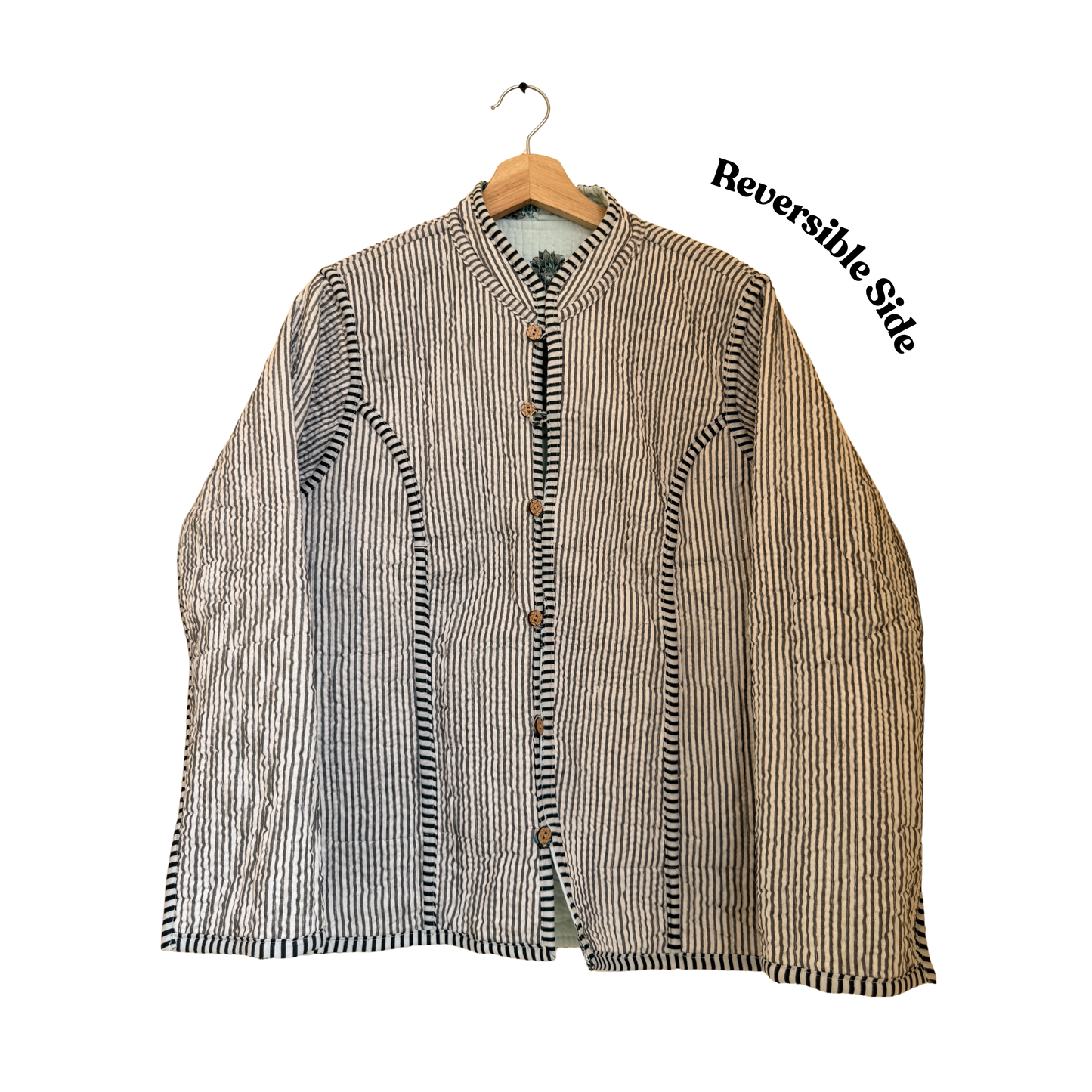 Minty Green Bloom - – Long Cotton Quilted Reversible Jacket