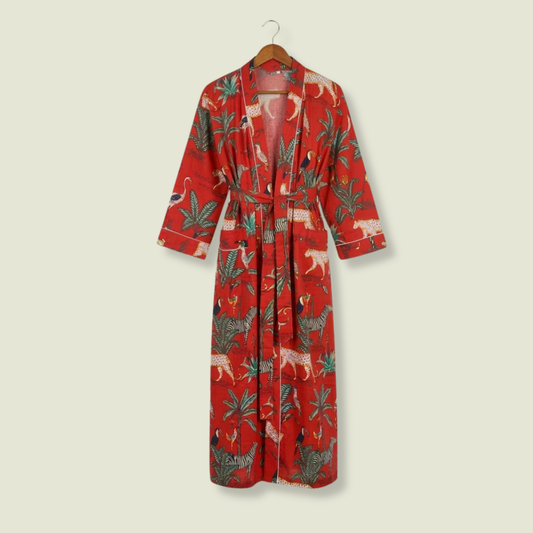 Red safari print women's cotton kimono. Eclectic jungle animal 
and safari motif lightweight cotton robe in vibrant red.