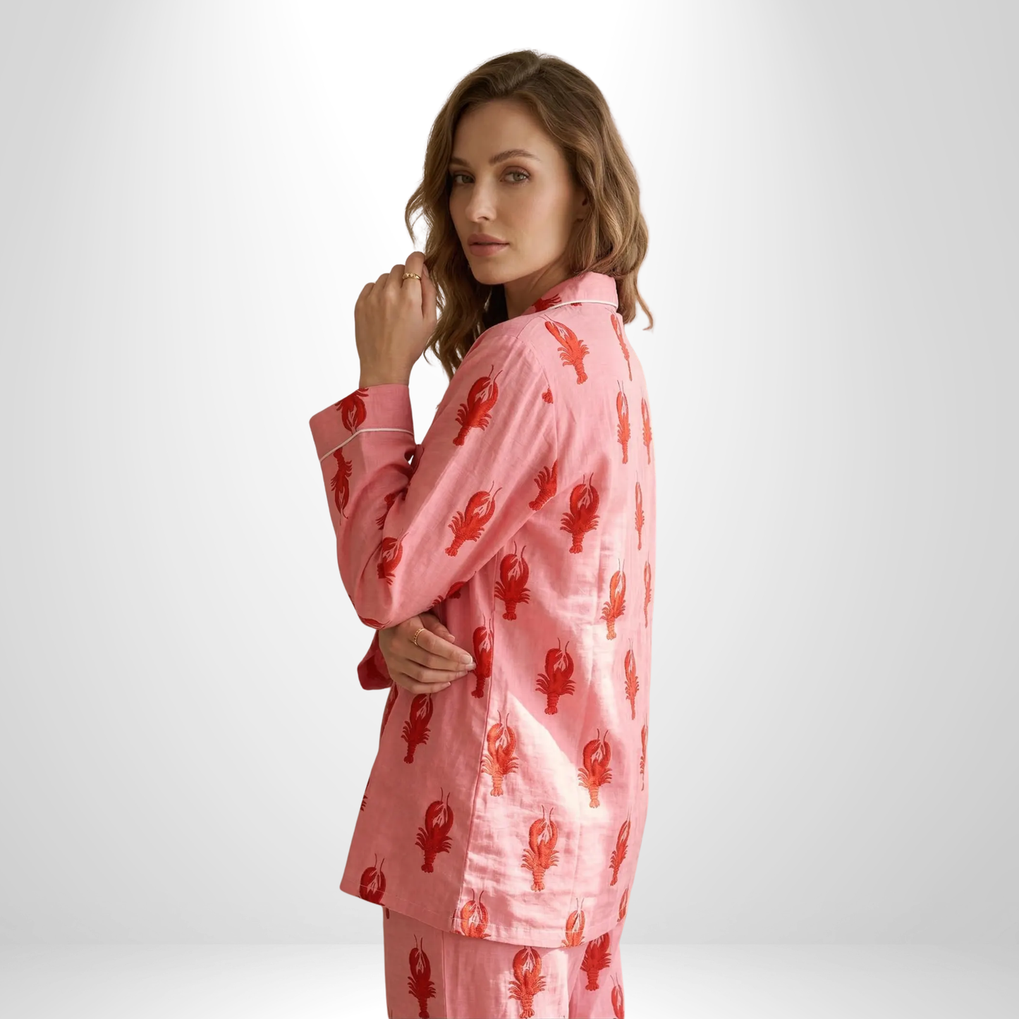 Women's Pink Lobster Love Cotton Night Suit Set – Elegant Two Piece Pajama Set