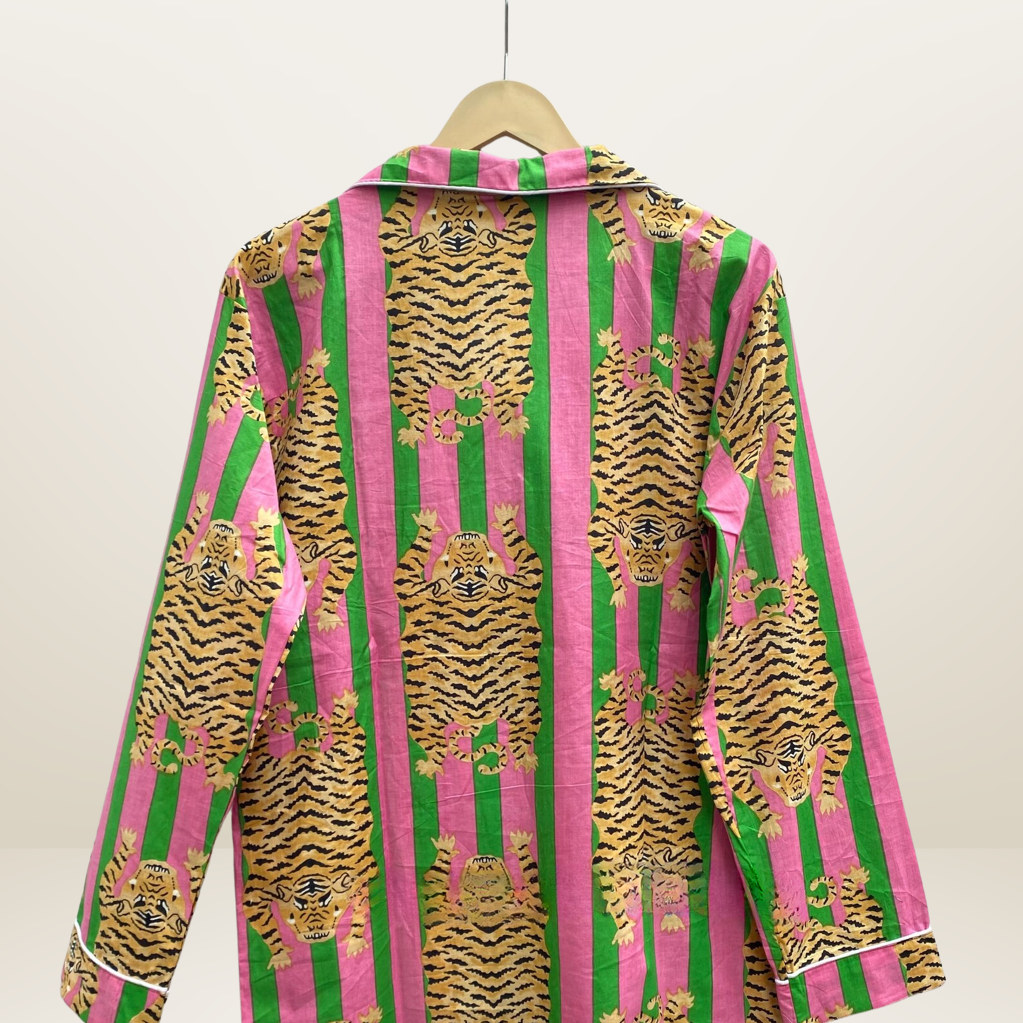 Women's Green Pink Stripes Tibetan Print Cotton Night Suit Set – Cute Two Piece Pajama Set