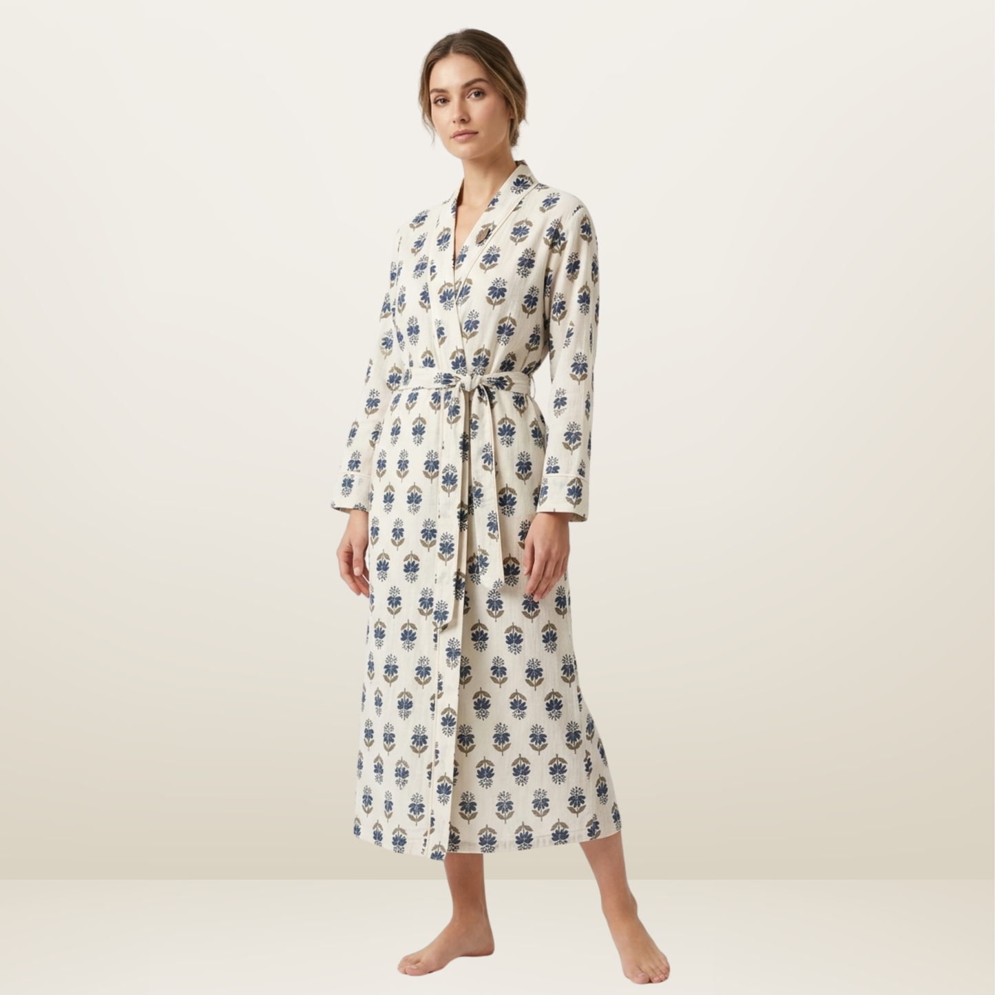 Blue whisper blooms women's cotton kimono. Delicate
 pastel blue floral print lightweight cotton lounge robe.