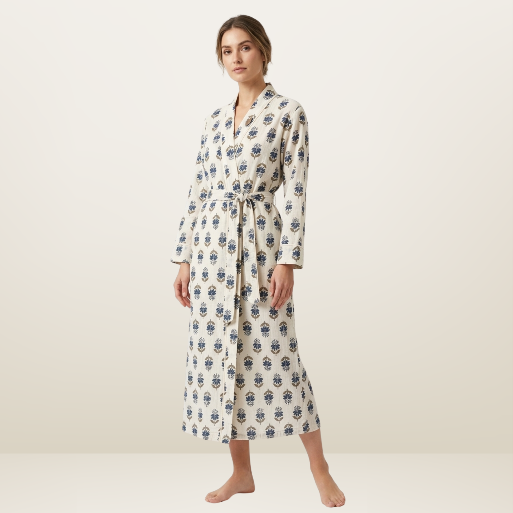 Blue whisper blooms women's cotton kimono. Delicate
 pastel blue floral print lightweight cotton lounge robe.