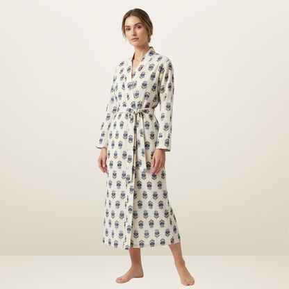Blue whisper blooms women's cotton kimono. Delicate
 pastel blue floral print lightweight cotton lounge robe.