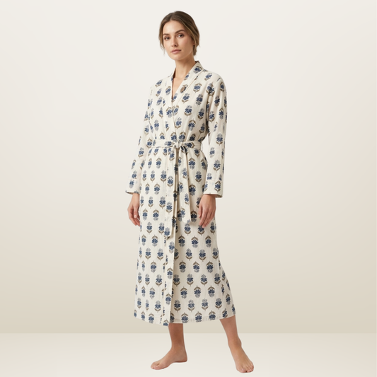 Blue whisper blooms women's cotton kimono. Delicate
 pastel blue floral print lightweight cotton lounge robe.