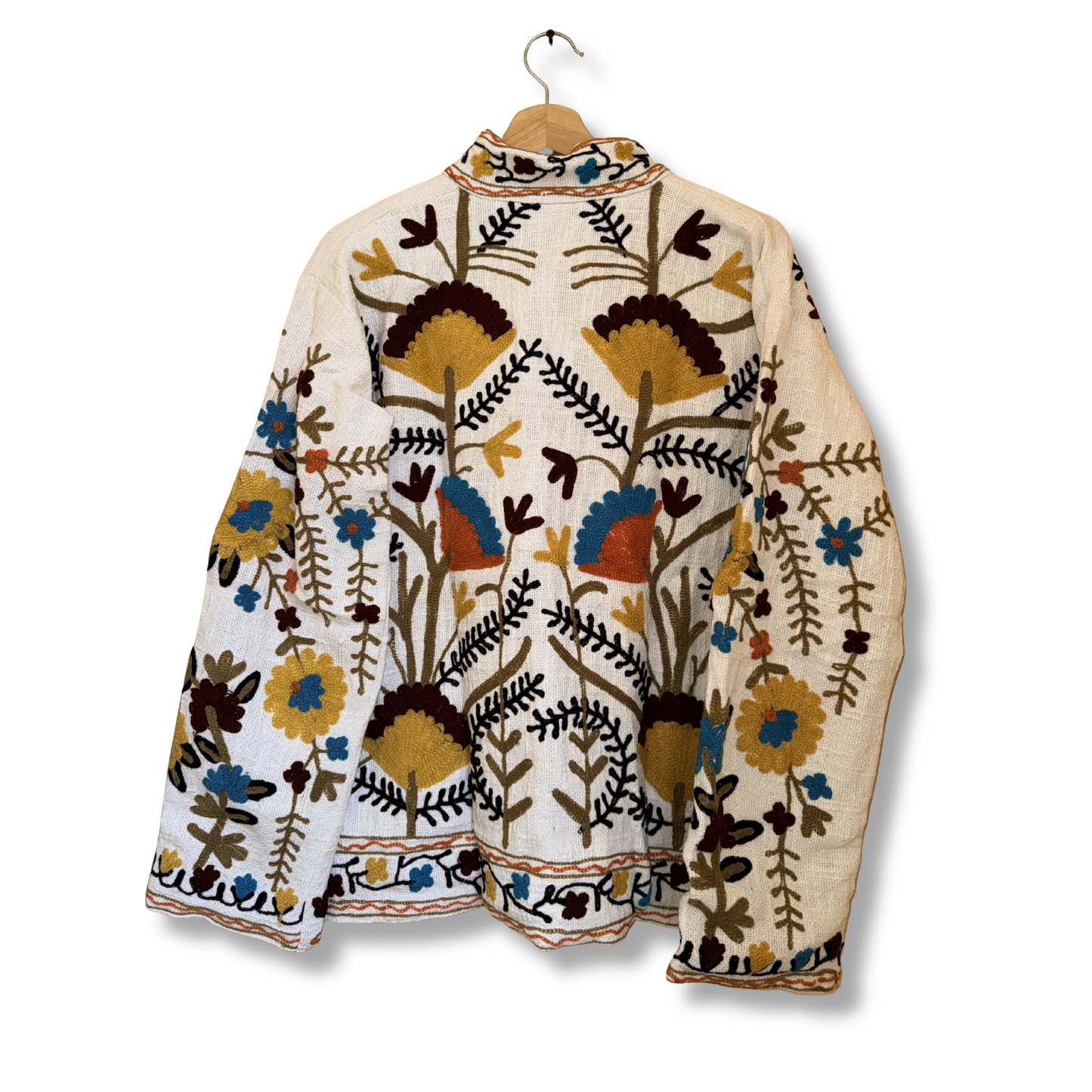 Women's White floral Suzani Reversible Jacket – Artistic Embroidered Statement Jacket