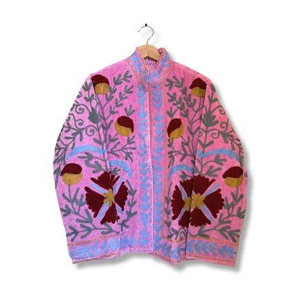 Women's Pink Bloom Suzani Reversible Velvet Jacket – Artistic Embroidered Statement Jacket