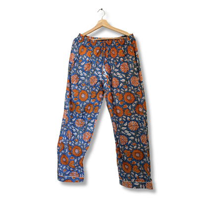 Women's Blue Orange Floral Print Cotton Night Suit Set – Elegant Two Piece Pajama Set