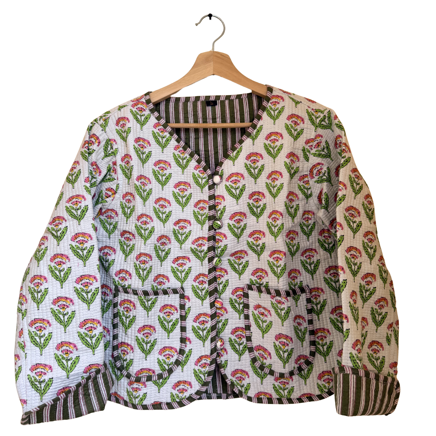 White Winter Bloom - Cotton Quilted Reversible Jacket