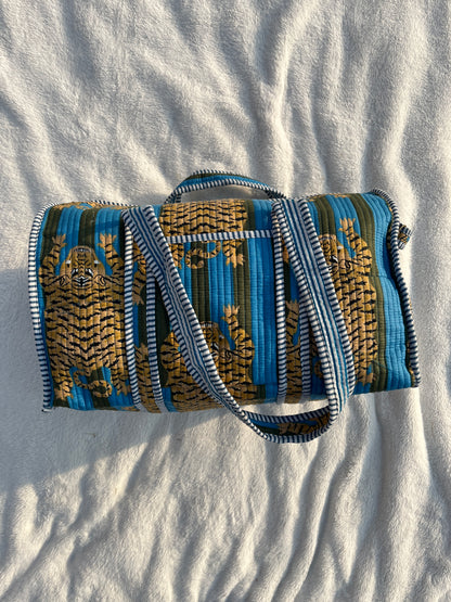 Blue Tiger Print Quilted Cotton Duffle Bag – Lightweight Travel Weekender