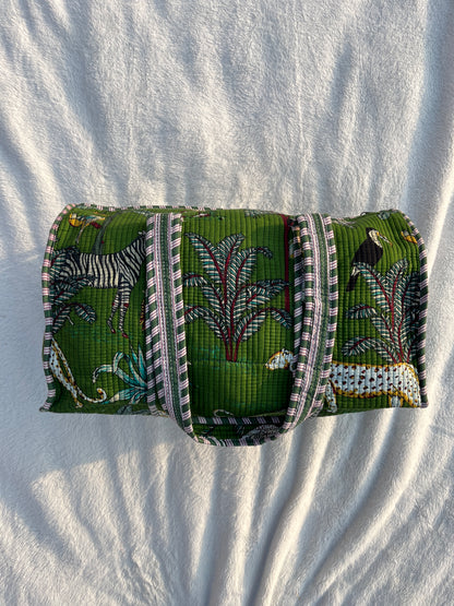 Green Safari Print Quilted Cotton Duffle Bag – Lightweight Travel Weekender