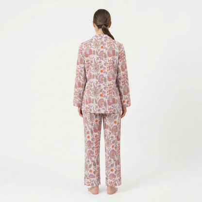 Women’s White Floral Blossom Cotton Night Suit Set – Elegant Two Piece Pajama Set