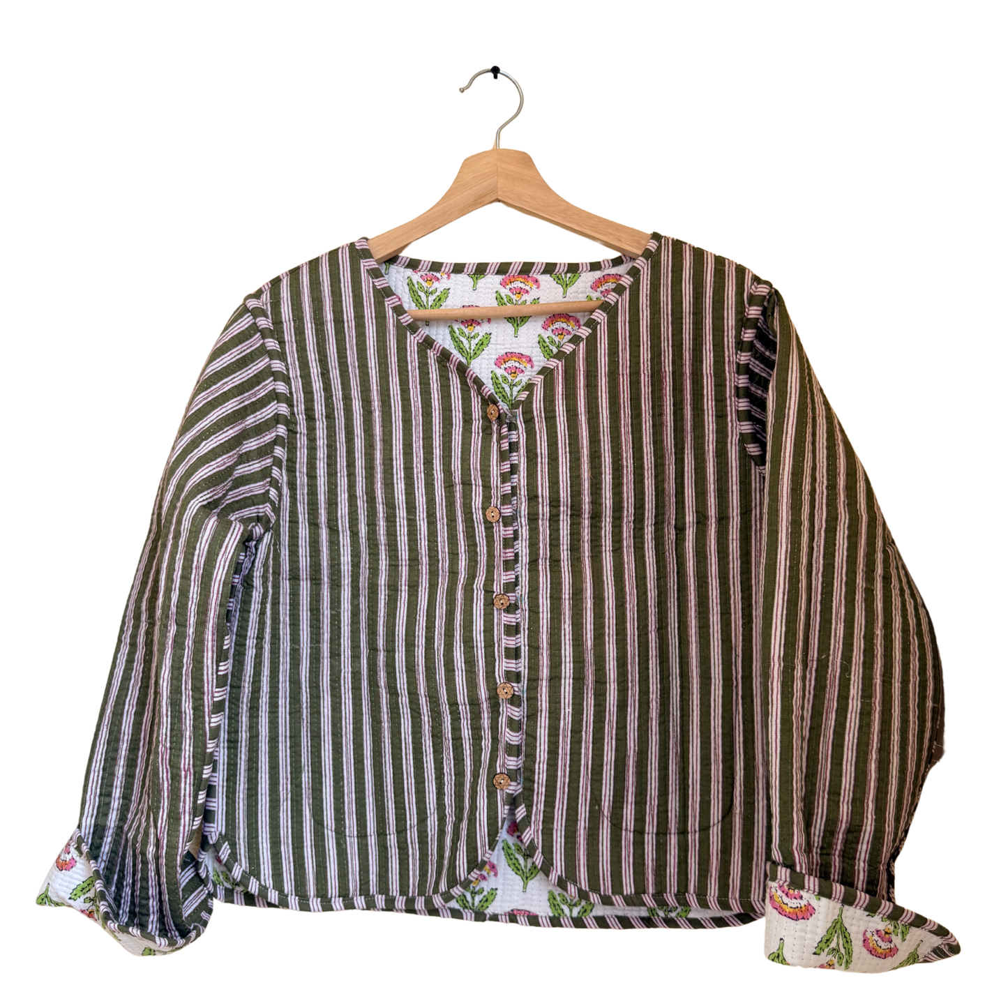 White Winter Bloom - Cotton Quilted Reversible Jacket