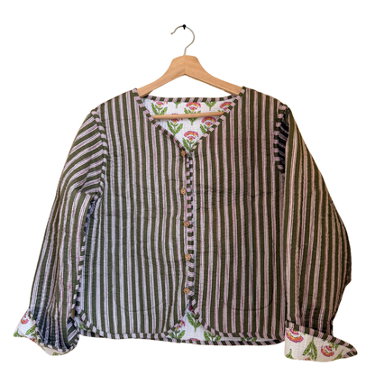 White Winter Bloom - Cotton Quilted Reversible Jacket