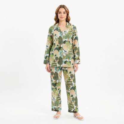 Women’s White Peacock Print Cotton Night Suit Set - Elegant Two Piece Pajama Set
