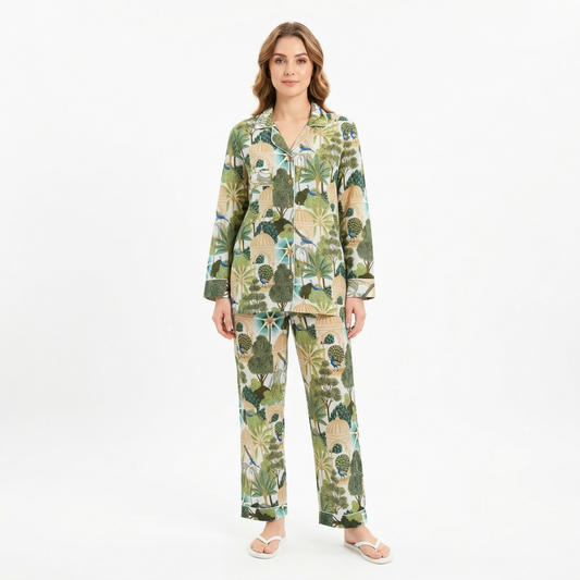 Women’s White Peacock Print Cotton Night Suit Set - Elegant Two Piece Pajama Set