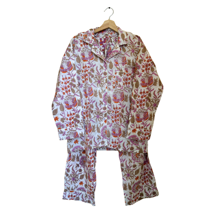 Women’s White Floral Blossom Cotton Night Suit Set – Elegant Two Piece Pajama Set