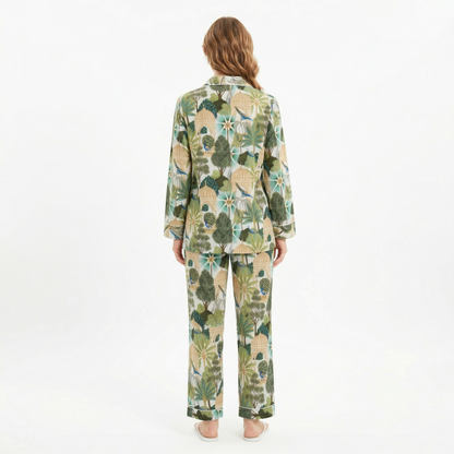 Women’s White Peacock Print Cotton Night Suit Set - Elegant Two Piece Pajama Set