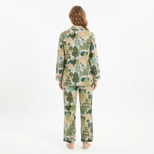 Women’s White Peacock Print Cotton Night Suit Set - Elegant Two Piece Pajama Set