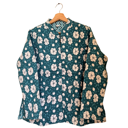 Emerald Green Bloom – Long Cotton Quilted Reversible Jacket