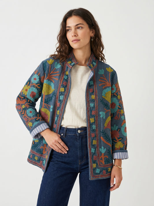 Women's Grey Suzani Reversible Jacket – Artistic Embroidered Statement Jacket