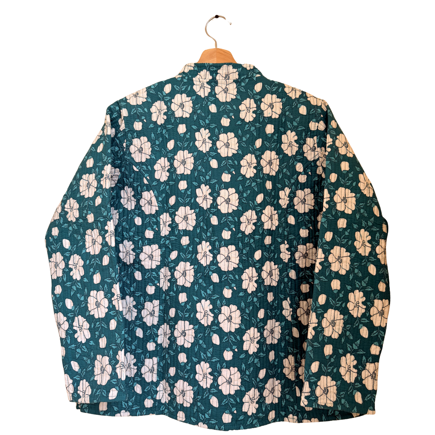 Emerald Green Bloom – Long Cotton Quilted Reversible Jacket