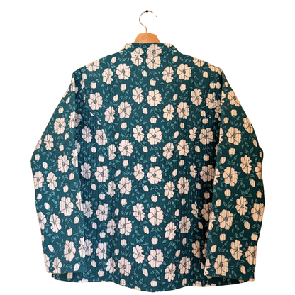 Emerald Green Bloom – Long Cotton Quilted Reversible Jacket