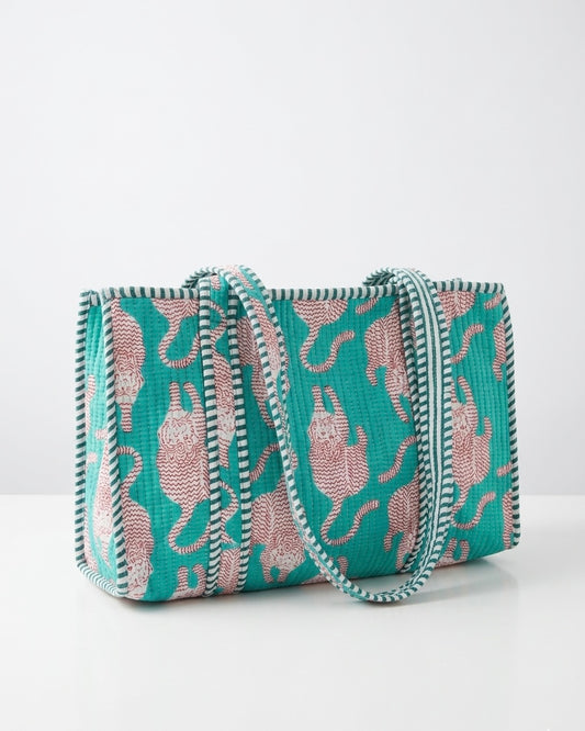 Teal Tiger Quilted Mini Tote Bag 10X12