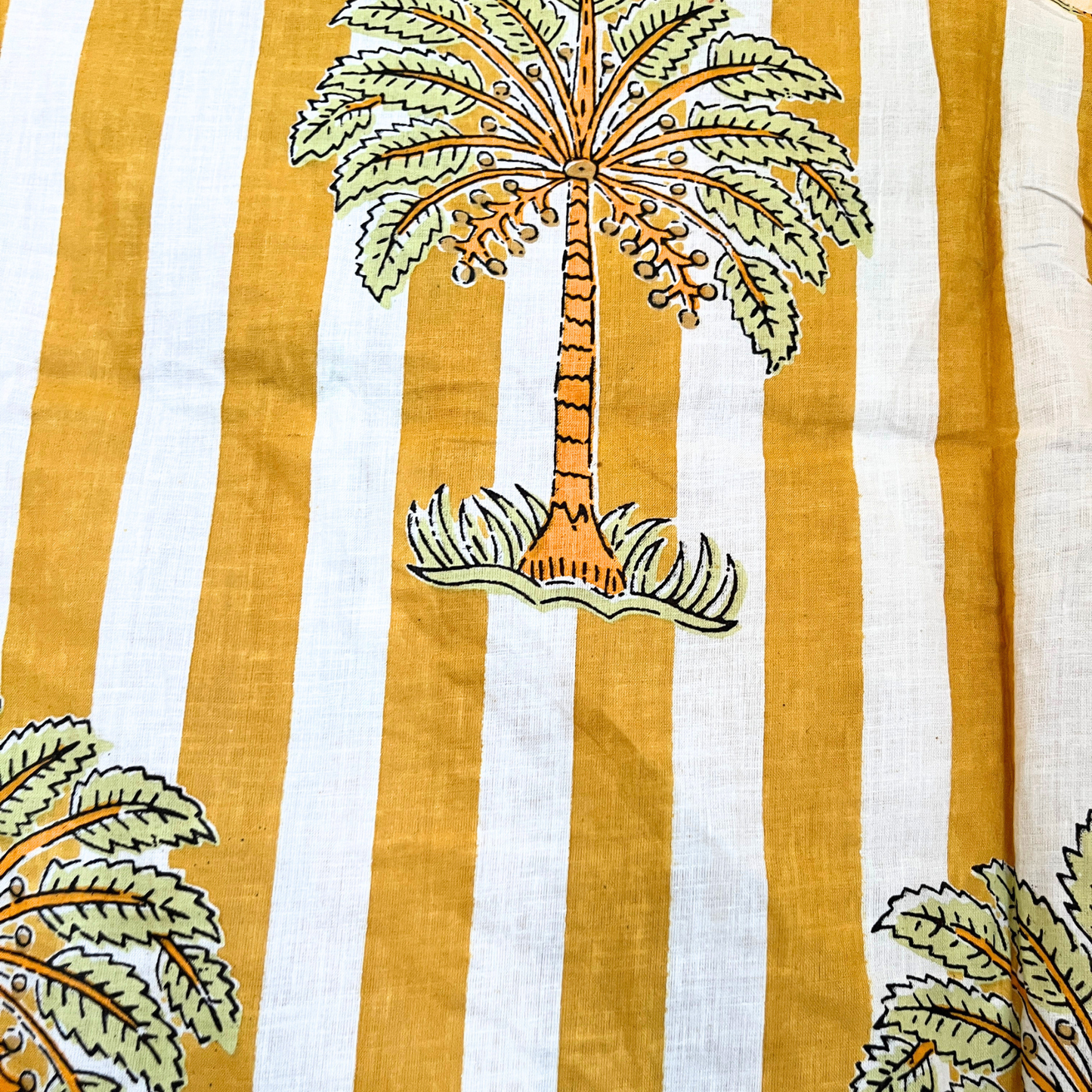 Women’s Yellow White Striped Palm Print Cotton Night Suit Set – Elegant Two Piece Pajama Set