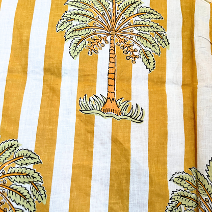 Women’s Yellow White Striped Palm Print Cotton Night Suit Set – Elegant Two Piece Pajama Set