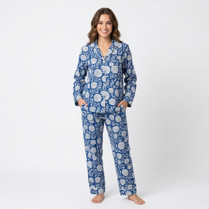 Women’s Bloom in Blue Print Cotton Night Suit Set – Elegant Two Piece Pajama Set