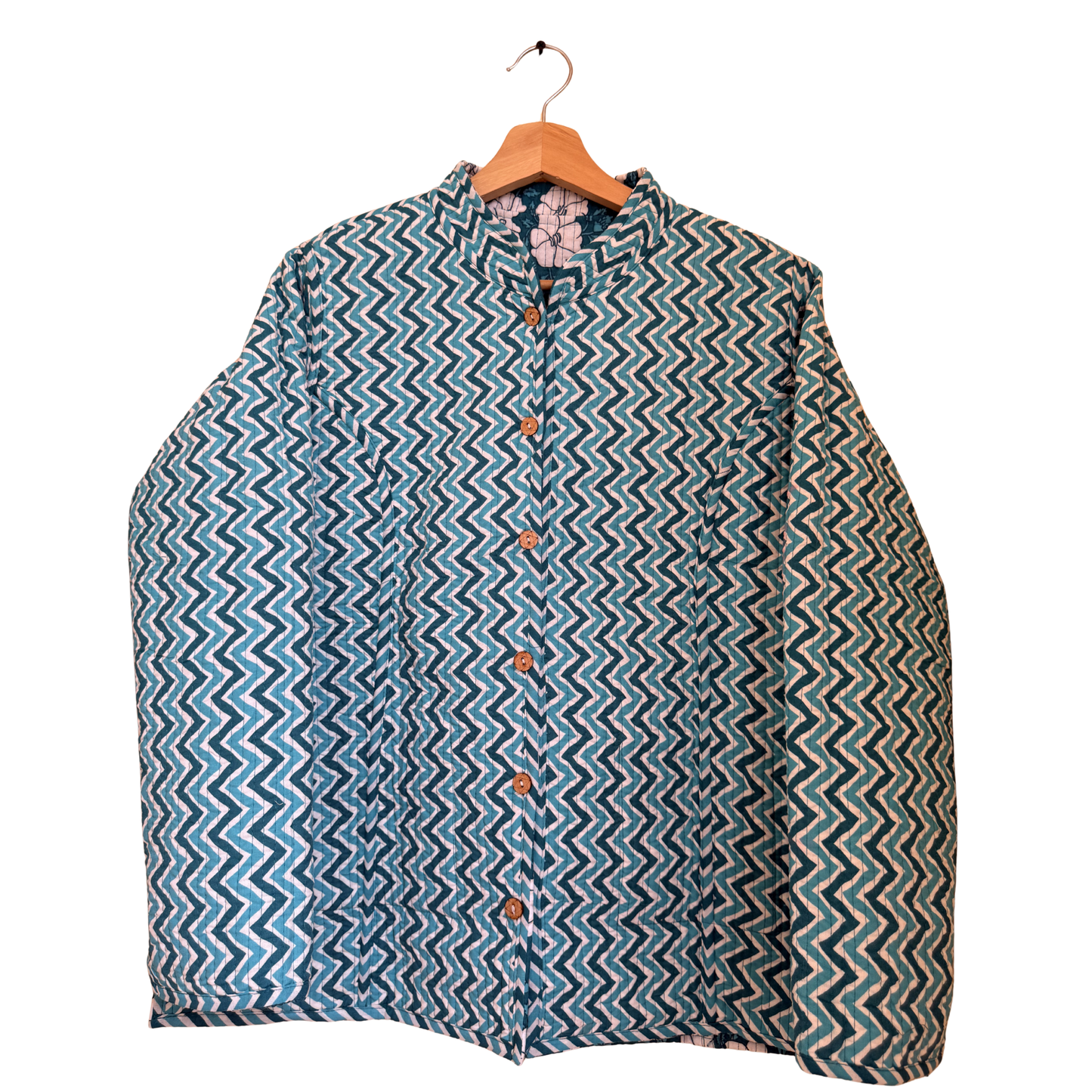 Emerald Green Bloom – Long Cotton Quilted Reversible Jacket