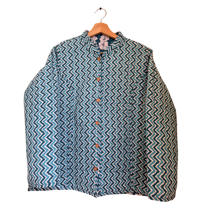 Emerald Green Bloom – Long Cotton Quilted Reversible Jacket