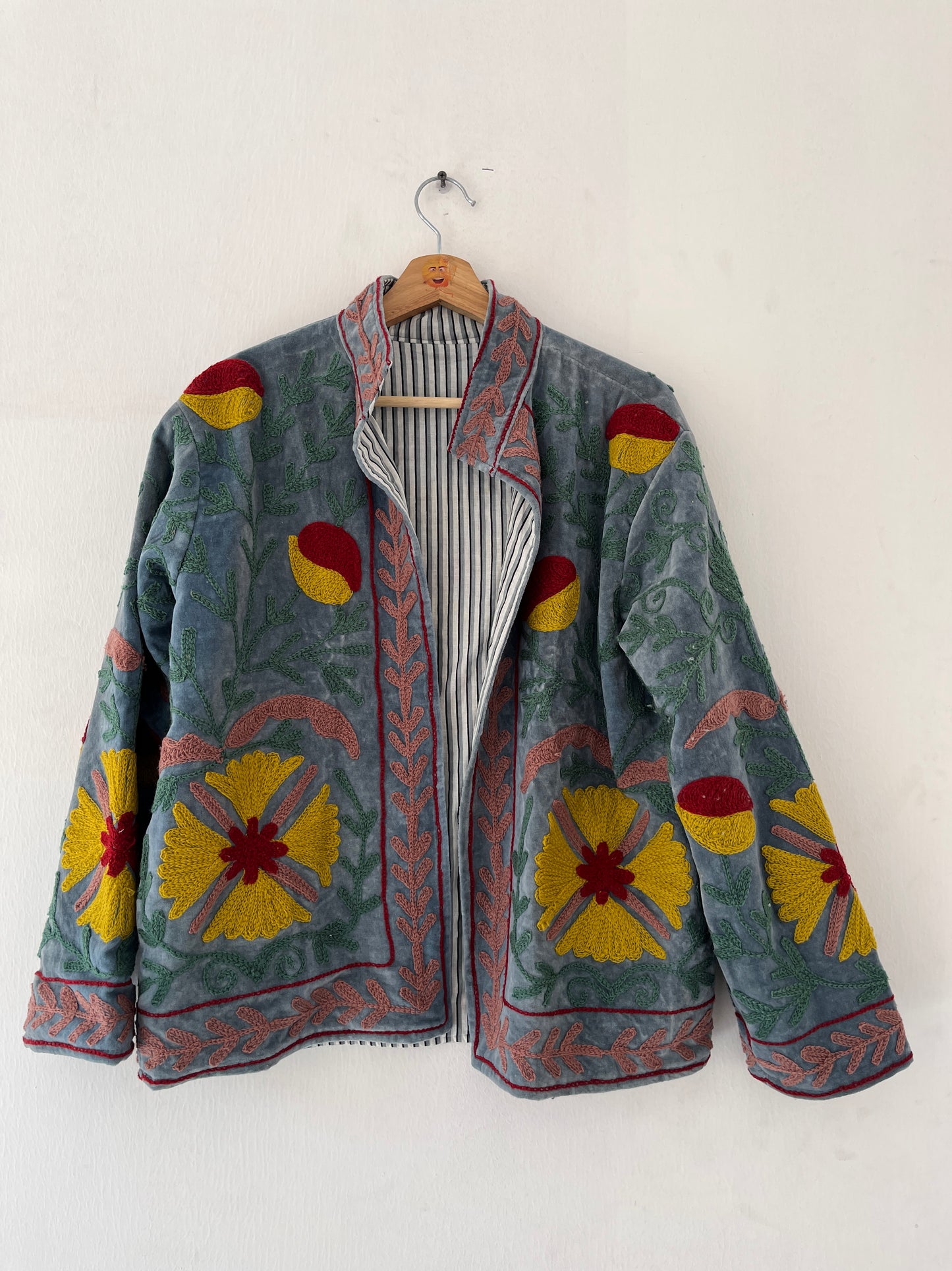 Women's Grey Floral Suzani Reversible Velvet Jacket – Artistic Embroidered Statement Jacket
