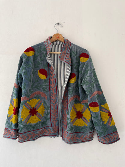 Women's Grey Floral Suzani Reversible Velvet Jacket – Artistic Embroidered Statement Jacket